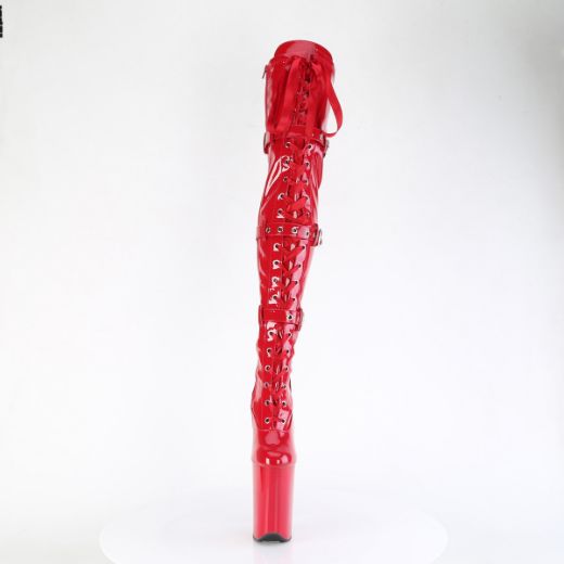 Product image of Pleaser INFINITY-3028 Red Str Pat/Red 9 Inch Heel 5 1/4 Inch PF Buckled Lace Up Thigh Boot Side Zip