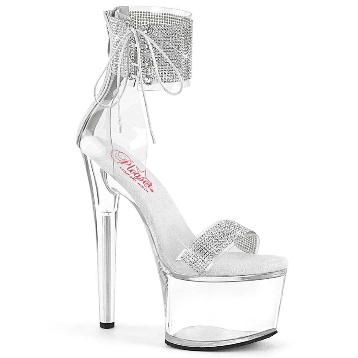 Product image of Pleaser PASSION-727RS Clr-Slv/Clr 7 Inch Heel 2 3/4 Inch PF RS Embellished Ankle Cuff Sandal Back Zi