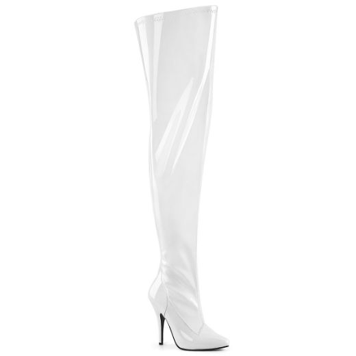 Product image of Pleaser SEDUCE-3000WC Wht Str Pat 5 Inch Heel Stretch Wide Calf Thigh Boot Side Zip