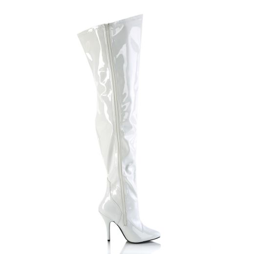Product image of Pleaser SEDUCE-3000WC Wht Str Pat 5 Inch Heel Stretch Wide Calf Thigh Boot Side Zip