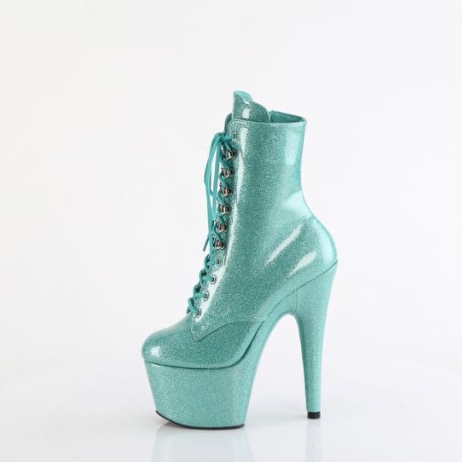Product image of Pleaser ADORE-1020GP Aqua Glitter Pat/M 7 Inch Heel 2 3/4 Inch PF Lace-Front Ankle Boot Side Zip