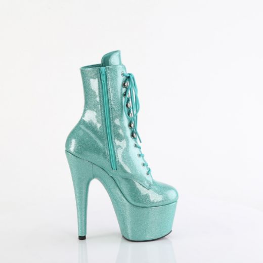 Product image of Pleaser ADORE-1020GP Aqua Glitter Pat/M 7 Inch Heel 2 3/4 Inch PF Lace-Front Ankle Boot Side Zip