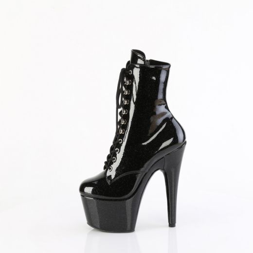 Product image of Pleaser ADORE-1020GP Blk Glitter Pat/M 7 Inch Heel 2 3/4 Inch PF Lace-Front Ankle Boot Side Zip