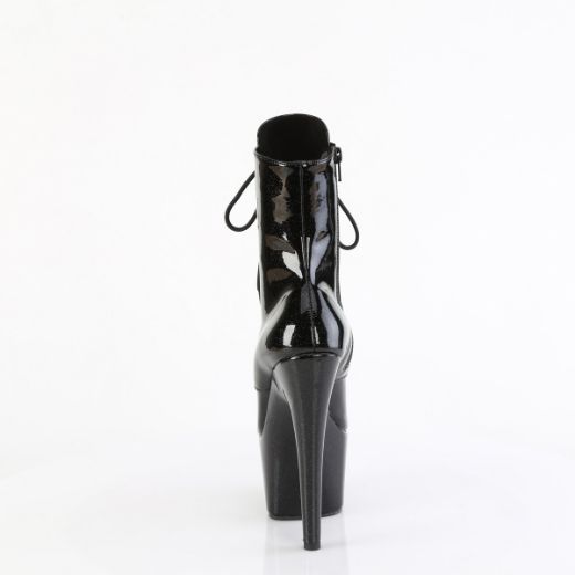 Product image of Pleaser ADORE-1020GP Blk Glitter Pat/M 7 Inch Heel 2 3/4 Inch PF Lace-Front Ankle Boot Side Zip