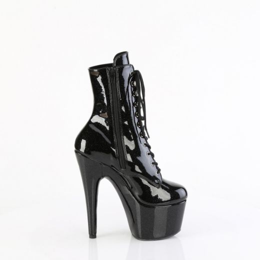 Product image of Pleaser ADORE-1020GP Blk Glitter Pat/M 7 Inch Heel 2 3/4 Inch PF Lace-Front Ankle Boot Side Zip