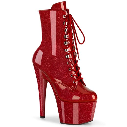 Product image of Pleaser ADORE-1020GP Ruby Red Glitter Pat/M 7 Inch Heel 2 3/4 Inch PF Lace-Front Ankle Boot Side Zip