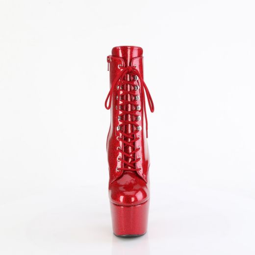 Product image of Pleaser ADORE-1020GP Ruby Red Glitter Pat/M 7 Inch Heel 2 3/4 Inch PF Lace-Front Ankle Boot Side Zip