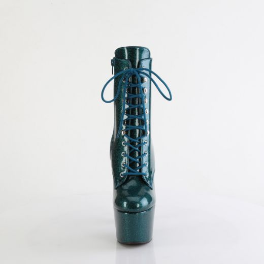 Product image of Pleaser ADORE-1020GP Teal Glitter Pat/M 7 Inch Heel 2 3/4 Inch PF Lace-Front Ankle Boot Side Zip