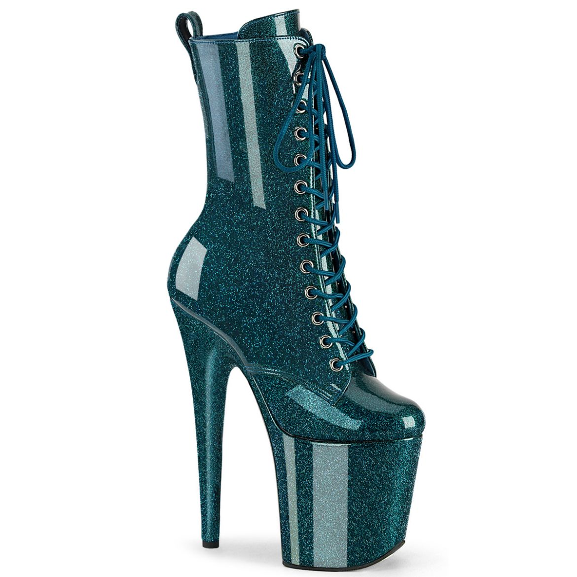Product image of Pleaser FLAMINGO-1040GP Teal Glitter Pat/M 8 Inch Heel 4 Inch PF Lace Up Front Ankle Boot Side Zip