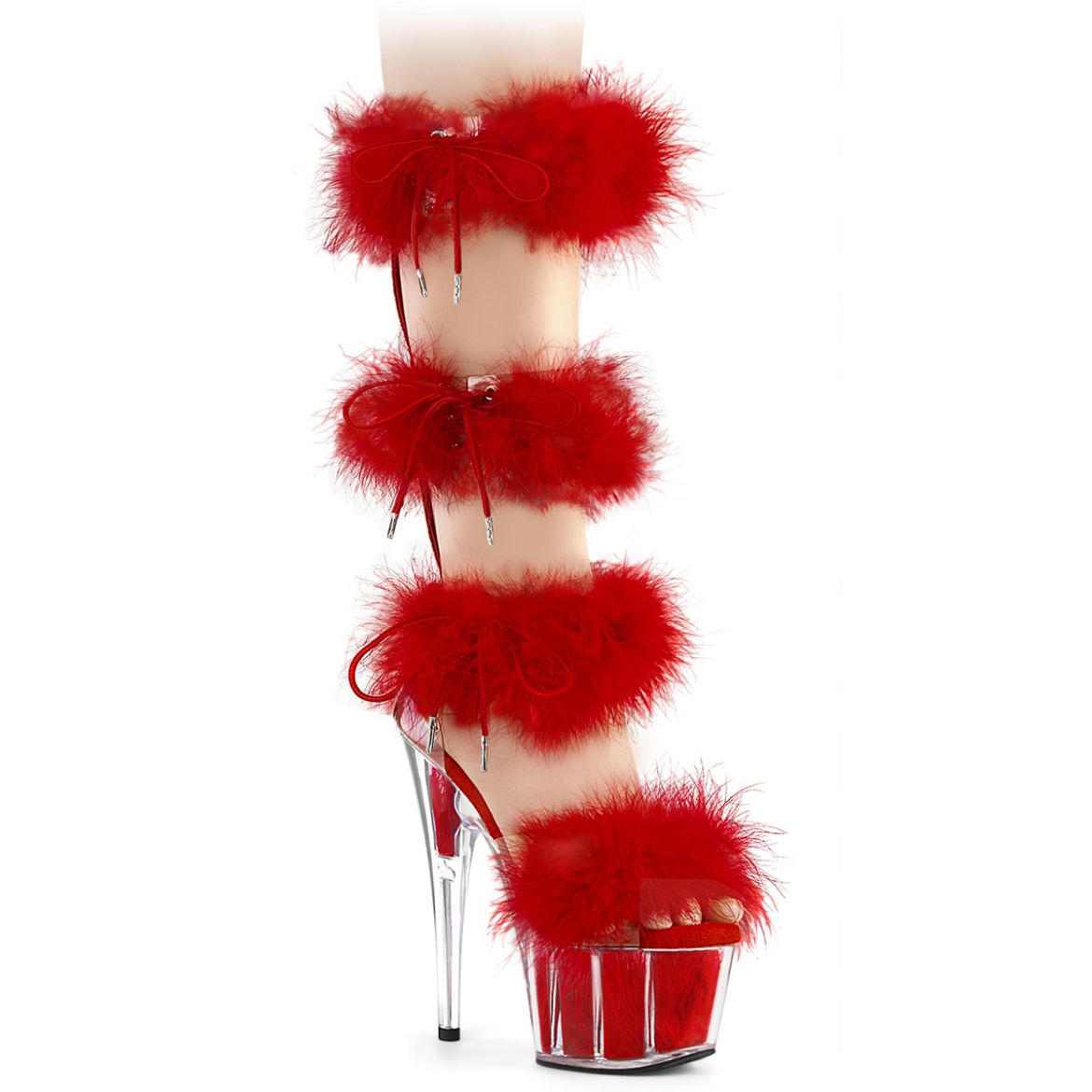 Product image of Pleaser ADORE-728F Clr-Red Fur/M 7 Inch Heel 2 3/4 Inch PF Marabou Fur Sandal Back Zip