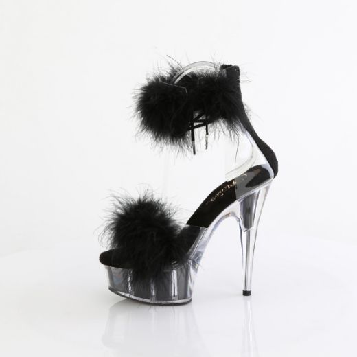 Product image of Pleaser DELIGHT-624F Clr-Blk Fur/M 6 Inch Heel 1 3/4 Inch PF Marabou Fur Ankle Cuff Sandal Back Zip