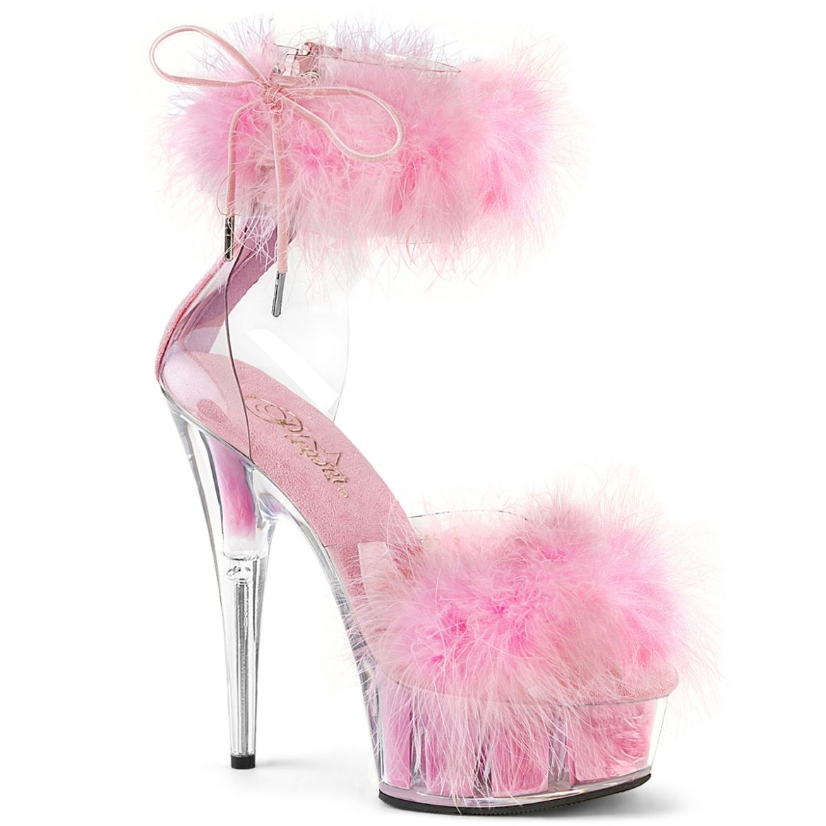 Product image of Pleaser DELIGHT-624F Clr-B. Pink Fur/M 6 Inch Heel 1 3/4 Inch PF Marabou Fur Ankle Cuff Sandal Back Zip