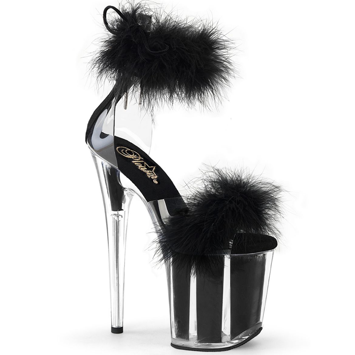 Product image of Pleaser FLAMINGO-824F Clr-Blk Fur/M 8 Inch Heel 4 Inch PF Marabou Fur Ankle Cuff Sandal Back Zip