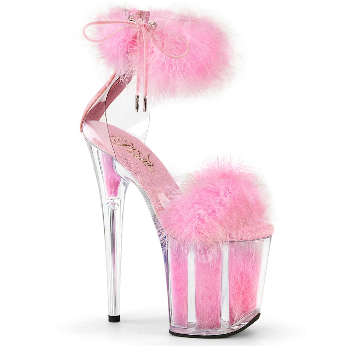 Product image of Pleaser FLAMINGO-824F Clr-B. Pink Fur/M 8 Inch Heel 4 Inch PF Marabou Fur Ankle Cuff Sandal Back Zip