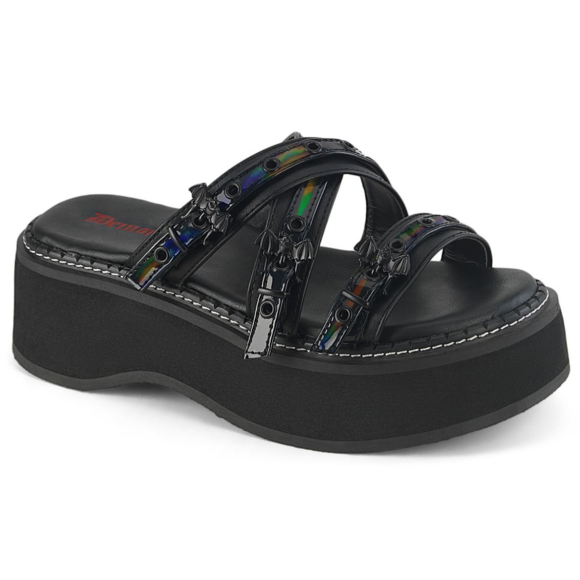 Product image of Demonia EMILY-07 Blk Vegan Leather-Holo Pat 3 1/2 Inch Platform Strappy Sandal