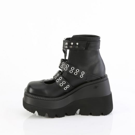 Product image of Demonia SHAKER-62 Blk Vegan Leather 4 1/2 Inch Wedge Platform Cage Bootie Back Zip