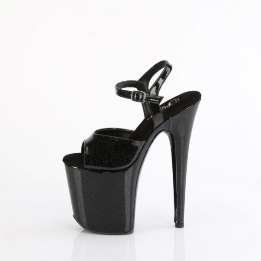 Product image of Pleaser FLAMINGO-809GP Blk Glitter Pat/M 8 Inch Heel 4 Inch PF Ankle Strap Sandal