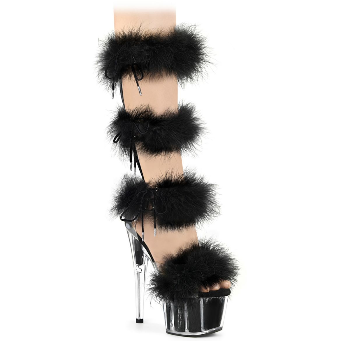 Product image of Pleaser ADORE-728F Clr-Blk Fur/M 7 Inch Heel 2 3/4 Inch PF Marabou Fur Sandal Back Zip
