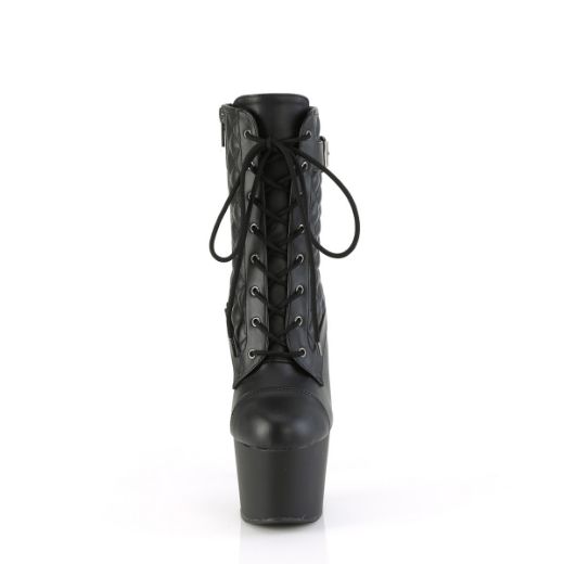 Product image of Pleaser ADORE-1033 Blk Faux Le/Blk Matte 7 Inch Heel 2 3/4 Inch PF Buckled Lace-Up Ankle Boot Side Zip