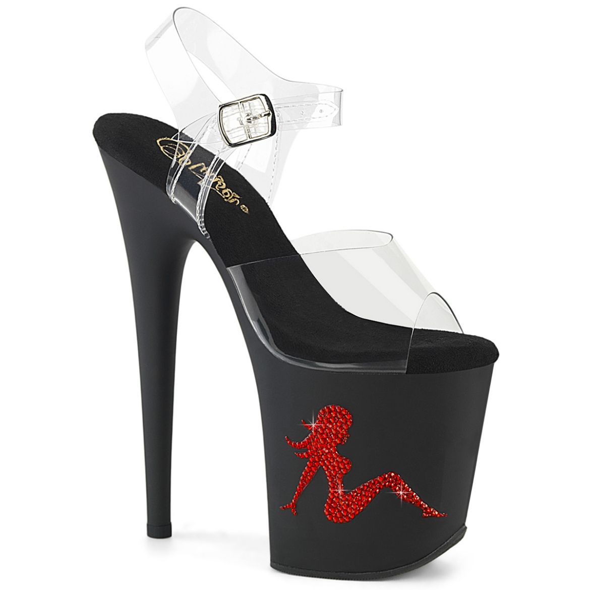 Product image of Pleaser FLAMINGO-808TGRS Clr/Blk-Red 8 Inch Heel 4 Inch PF Ankle Strap Sandal w/RS Trucker Girl