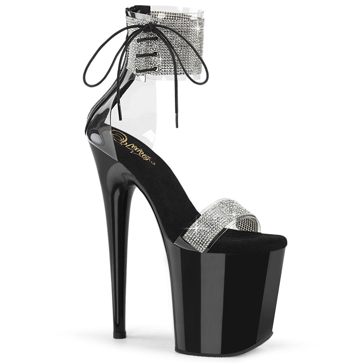 Product image of Pleaser FLAMINGO-827RS Clr-Blk/Blk 8 Inch Heel 4 Inch PF Ankle Cuff Sandal w/RS Back Zip