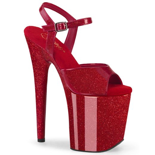 Product image of Pleaser FLAMINGO-809GP Ruby Red Glitter Pat/M 8 Inch Heel 4 Inch PF Ankle Strap Sandal