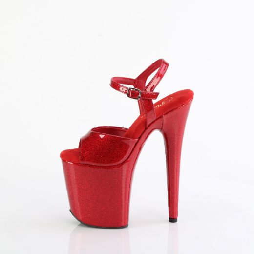 Product image of Pleaser FLAMINGO-809GP Ruby Red Glitter Pat/M 8 Inch Heel 4 Inch PF Ankle Strap Sandal