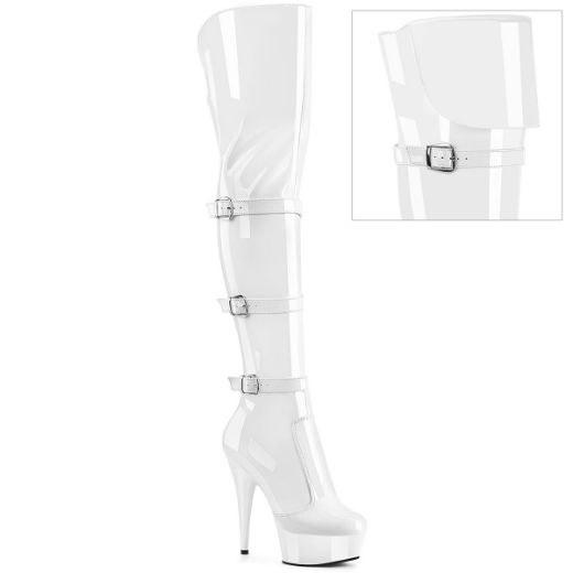 Product image of Pleaser DELIGHT-3018 Wht Str. Pat/Wht 6 Inch Heel 1 3/4 Inch PF Triple Buckle Strap OTK Boot Side Zip