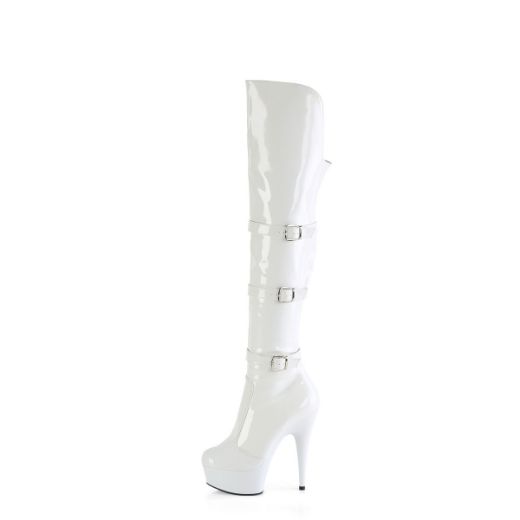 Product image of Pleaser DELIGHT-3018 Wht Str. Pat/Wht 6 Inch Heel 1 3/4 Inch PF Triple Buckle Strap OTK Boot Side Zip