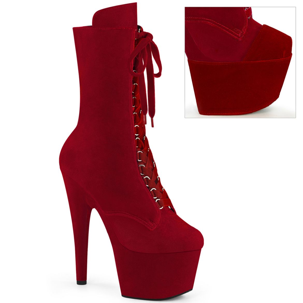 Product image of Pleaser ADORE-1045VEL Red Velvet/Red Velvet 7 Inch Heel 2 3/4 Inch PF Velvet Lace-Up Front Ankle Boot