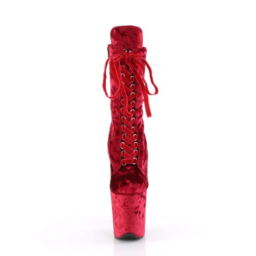 Product image of Pleaser FLAMINGO-1045VEL Red Velvet/Red Velvet 8 Inch Heel 4 Inch PF Velvet Lace-Up Front Ankle Boot