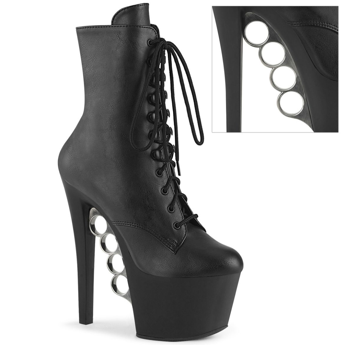 Product image of Pleaser KNUCKS-1020 Blk Faux Le/Blk Matte 7 Inch Heel 2 3/4 Inch PF Ankle Boot w/Brass Knuckles Side Zip