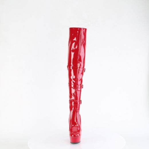 Product image of Pleaser DELIGHT-3018 Red Str. Pat/Red 6 Inch Heel 1 3/4 Inch PF Triple Buckle Strap OTK Boot Side Zip