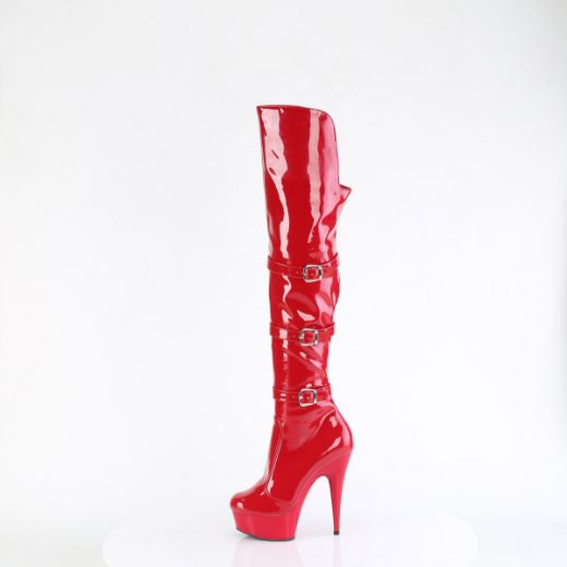 Product image of Pleaser DELIGHT-3018 Red Str. Pat/Red 6 Inch Heel 1 3/4 Inch PF Triple Buckle Strap OTK Boot Side Zip