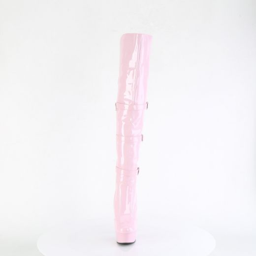 Product image of Pleaser DELIGHT-3018 B. Pink Str. Pat/B. Pink 6 Inch Heel 1 3/4 Inch PF Triple Buckle Strap OTK Boot Side Zip
