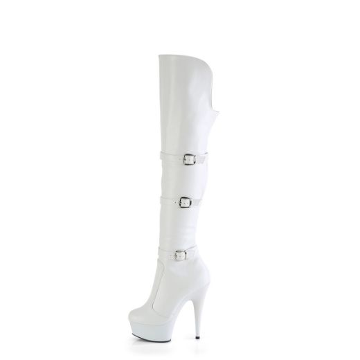 Product image of Pleaser DELIGHT-3018 Wht Str. Faux Leather/Wht Matte 6 Inch Heel 1 3/4 Inch PF Triple Buckle Strap OTK Boot Side Zip
