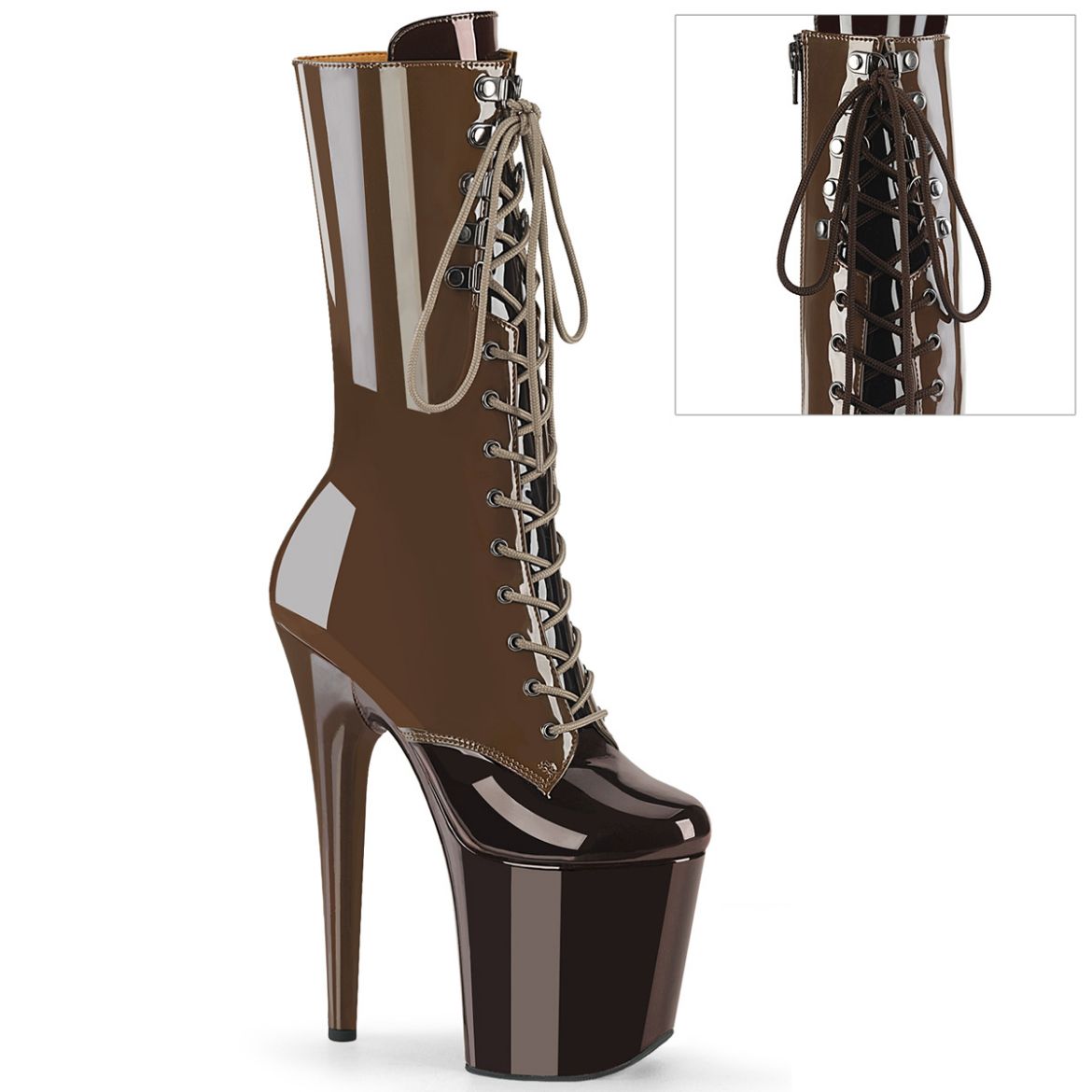Product image of Pleaser FLAMINGO-1054DC Mocha-Coffee Pat/Mocha Coffee 8 Inch Heel 4 Inch PF Two Tone Lace-Up Mid Calf Boot Side Zip