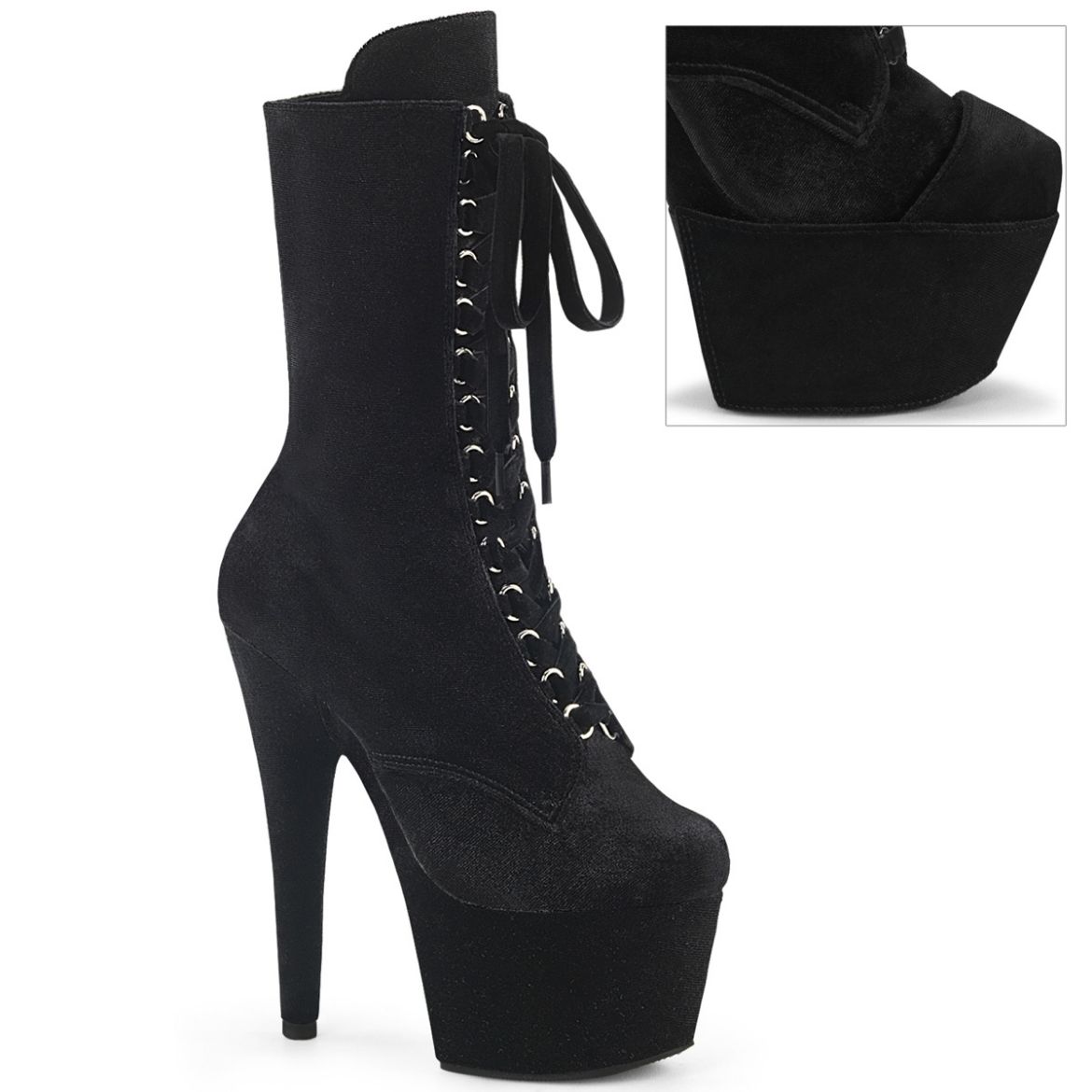 Product image of Pleaser ADORE-1045VEL Blk Velvet/Blk Velvet 7 Inch Heel 2 3/4 Inch PF Velvet Lace-Up Front Ankle Boot