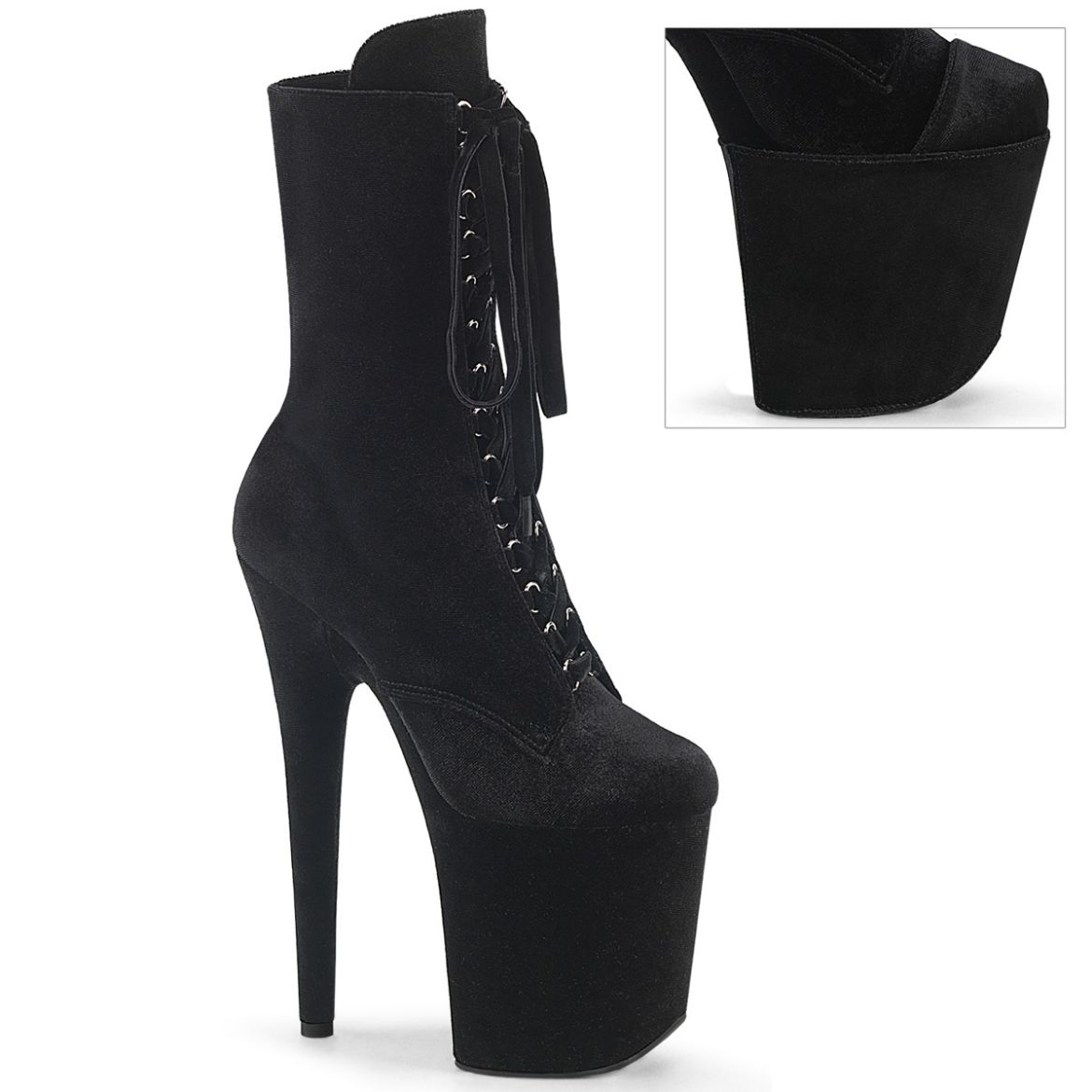 Product image of Pleaser FLAMINGO-1045VEL Blk Velvet/Blk Velvet 8 Inch Heel 4 Inch PF Velvet Lace-Up Front Ankle Boot