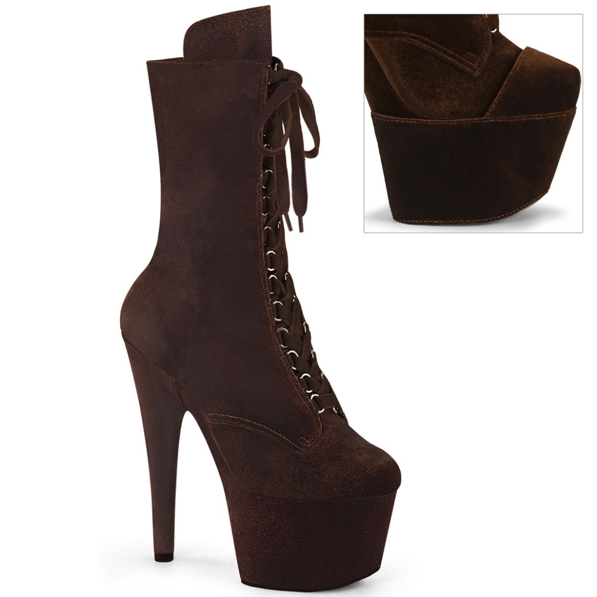 Product image of Pleaser ADORE-1045VEL Brown Velvet/M 7 Inch Heel 2 3/4 Inch PF Velvet Lace-Up Front Ankle Boot