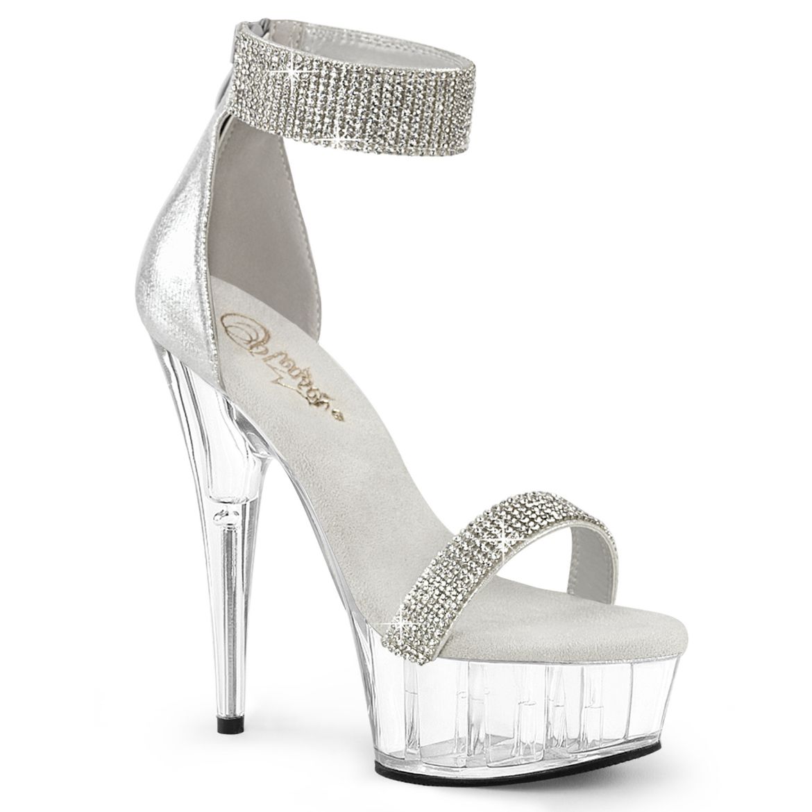 Product image of Pleaser DELIGHT-641 Slv Shimmery Fabric/Clr 6 Inch Heel 1 3/4 Inch PF Rhinestoned Close Back Sandal Back Zip