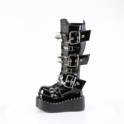 Product image of Demoniacult BEAR-215 Blk Vegan Leather-Pat 4 1/2 Inch Tiered PF Buckle Knee High Inside Zip