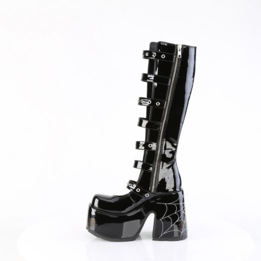 Product image of Demoniacult CAMEL-223 Blk Pat 5 Inch Chunky Heel 3 Inch P/F Open Front Knee High BT Inside Zip