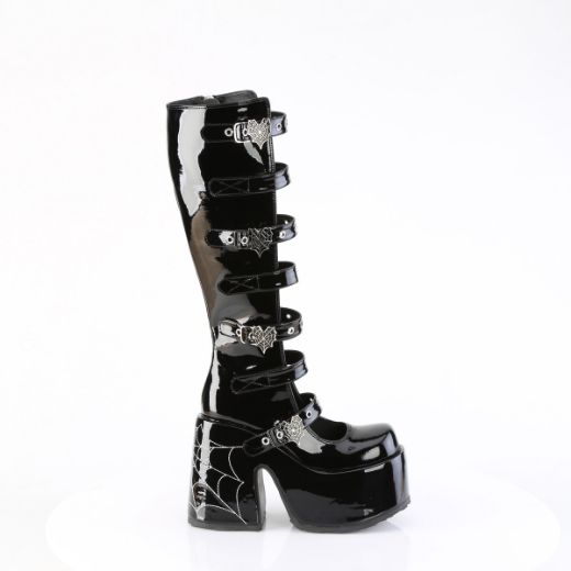 Product image of Demoniacult CAMEL-223 Blk Pat 5 Inch Chunky Heel 3 Inch P/F Open Front Knee High BT Inside Zip