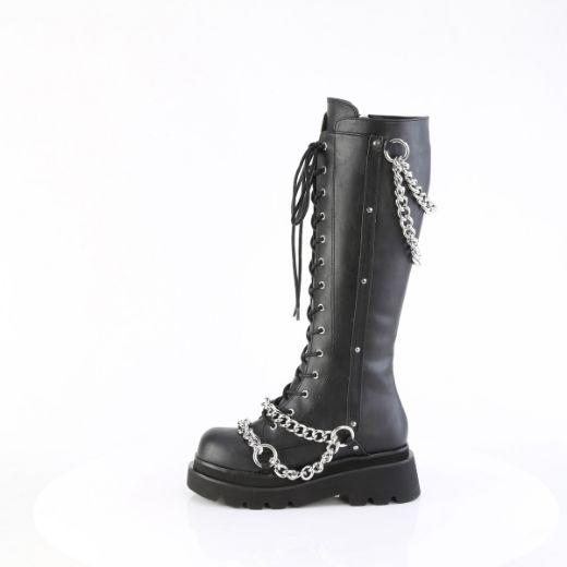 Product image of Demoniacult RENEGADE-215 Blk Vegan Leather 2 1/2 Inch Tiered PF Lace-Up Knee High Boots Inside Zip