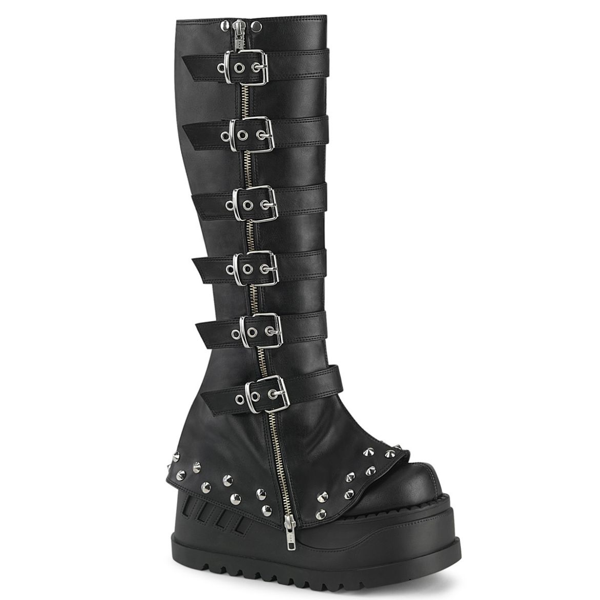 Product image of Demoniacult STOMP-223 Blk Vegan Leather 4 3/4 Inch Wedge PF STR Knee High Boot Inside Zip