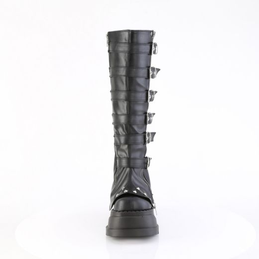 Product image of Demoniacult STOMP-223 Blk Vegan Leather 4 3/4 Inch Wedge PF STR Knee High Boot Inside Zip