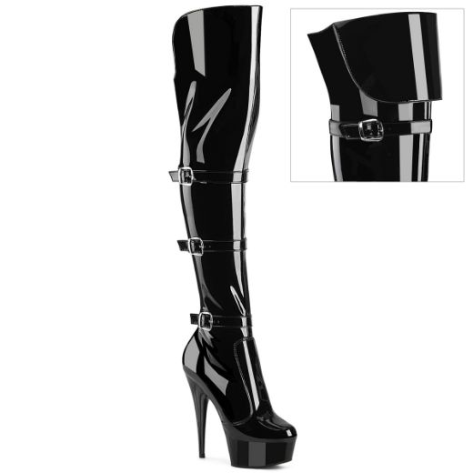 Product image of Pleaser DELIGHT-3018 Blk Str. Pat/Blk 6 Inch Heel 1 3/4 Inch PF Triple Buckle Strap OTK Boot Side Zip