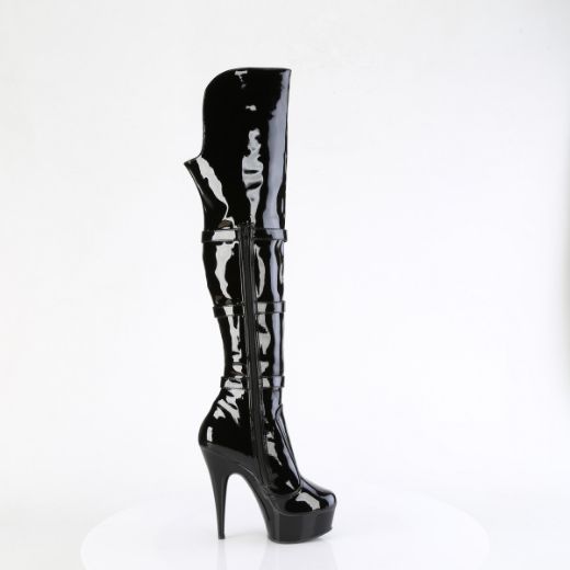 Product image of Pleaser DELIGHT-3018 Blk Str. Pat/Blk 6 Inch Heel 1 3/4 Inch PF Triple Buckle Strap OTK Boot Side Zip