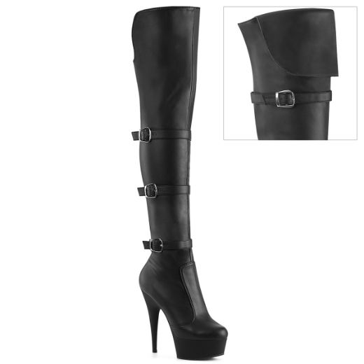 Product image of Pleaser DELIGHT-3018 Blk Str. Faux Leather/Blk Matte 6 Inch Heel 1 3/4 Inch PF Triple Buckle Strap OTK Boot Side Zip
